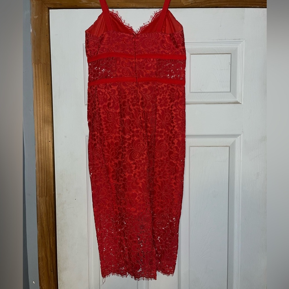 Express Coral lace mid length dress. Size 2, sheer lace around ribs. Zipper back